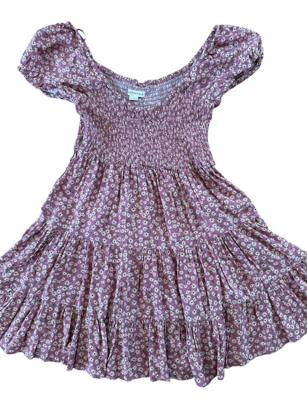 FLORAL SCOOP-NECK SMOCKED BABYDOLL SHORT SLEEVE FLOWY SUMMER SUNDRESS SMALL